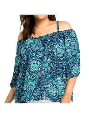 Torrid Womens 2X Cold Shoulder Top Blue Medallion Boho Chic Pullover Coquette